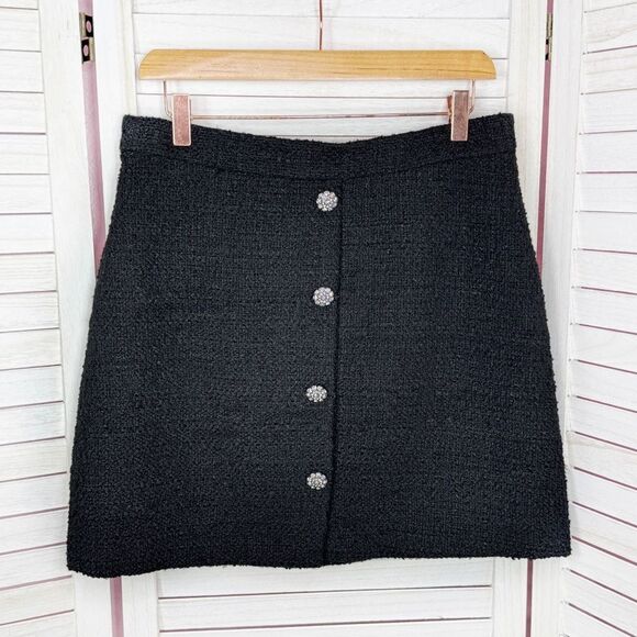 H&M Tweed A Line Skirt Rhinestone Faux Buttons Black 8 - Picture 8 of 14